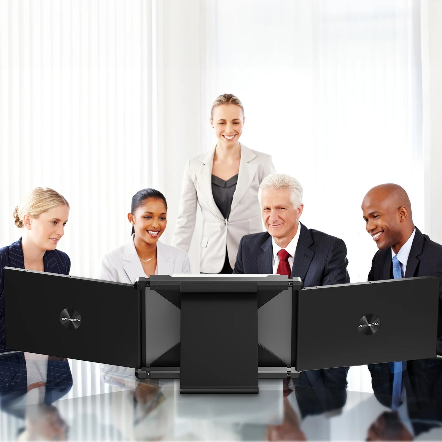 Portable laptop screen with triple monitor configuration and stand