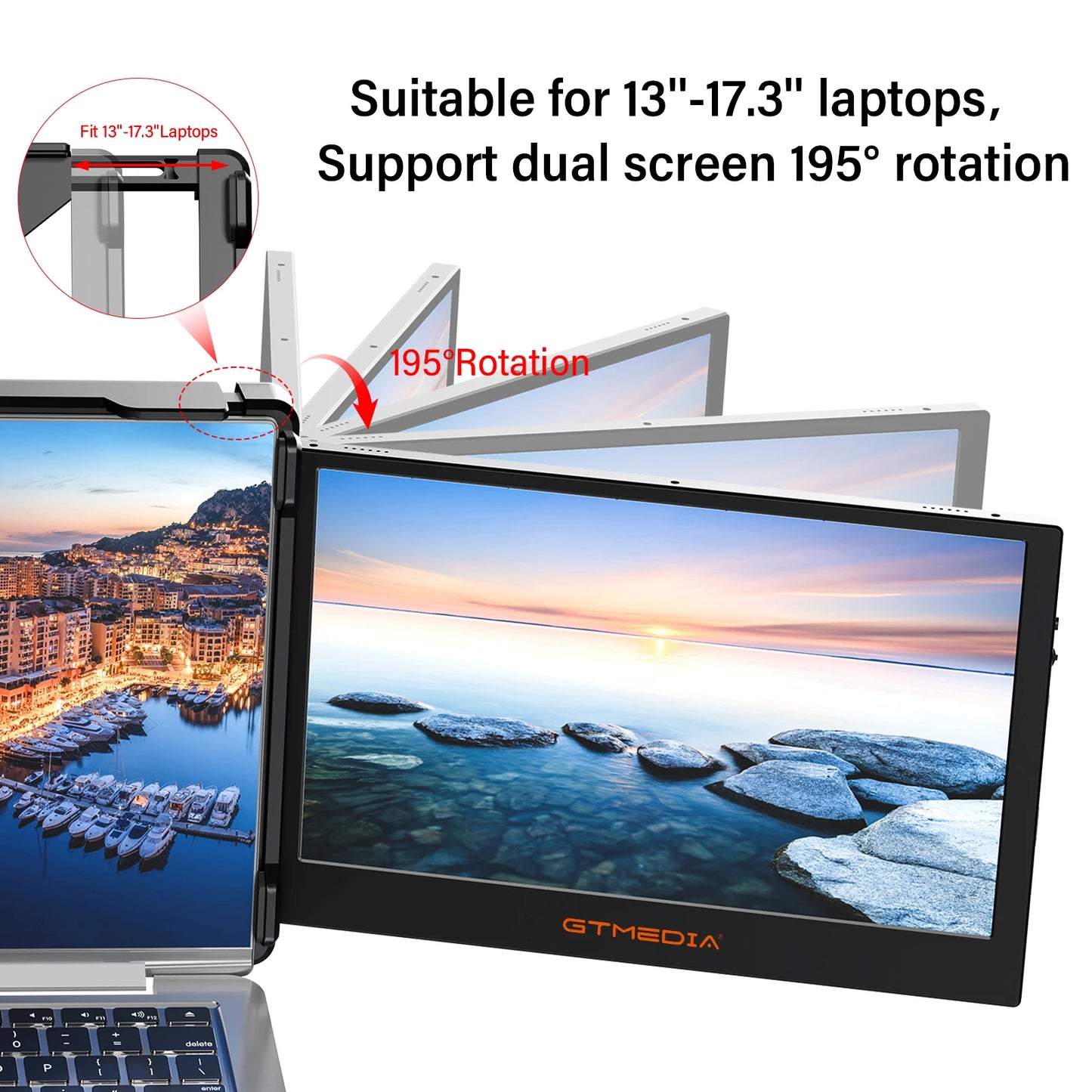 Laptop dual screen extender with adjustable mounting and rotation