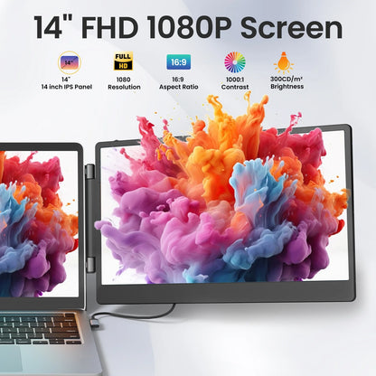 Portable laptop screen 14 inch triple monitor with built-in audio